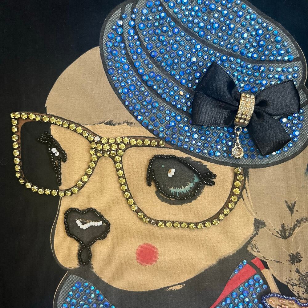 Love Moschino Rhinestone 3D Dog T-shirt Luxury Designer Granny Glasses Bow XS - Picture 2 of 9